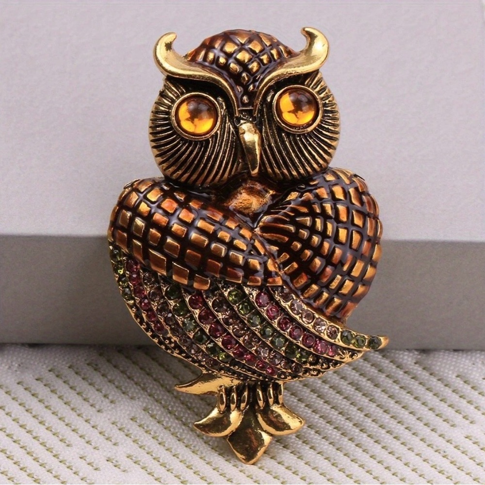 Gold and Multicolor Owl Brooch Metal Base and